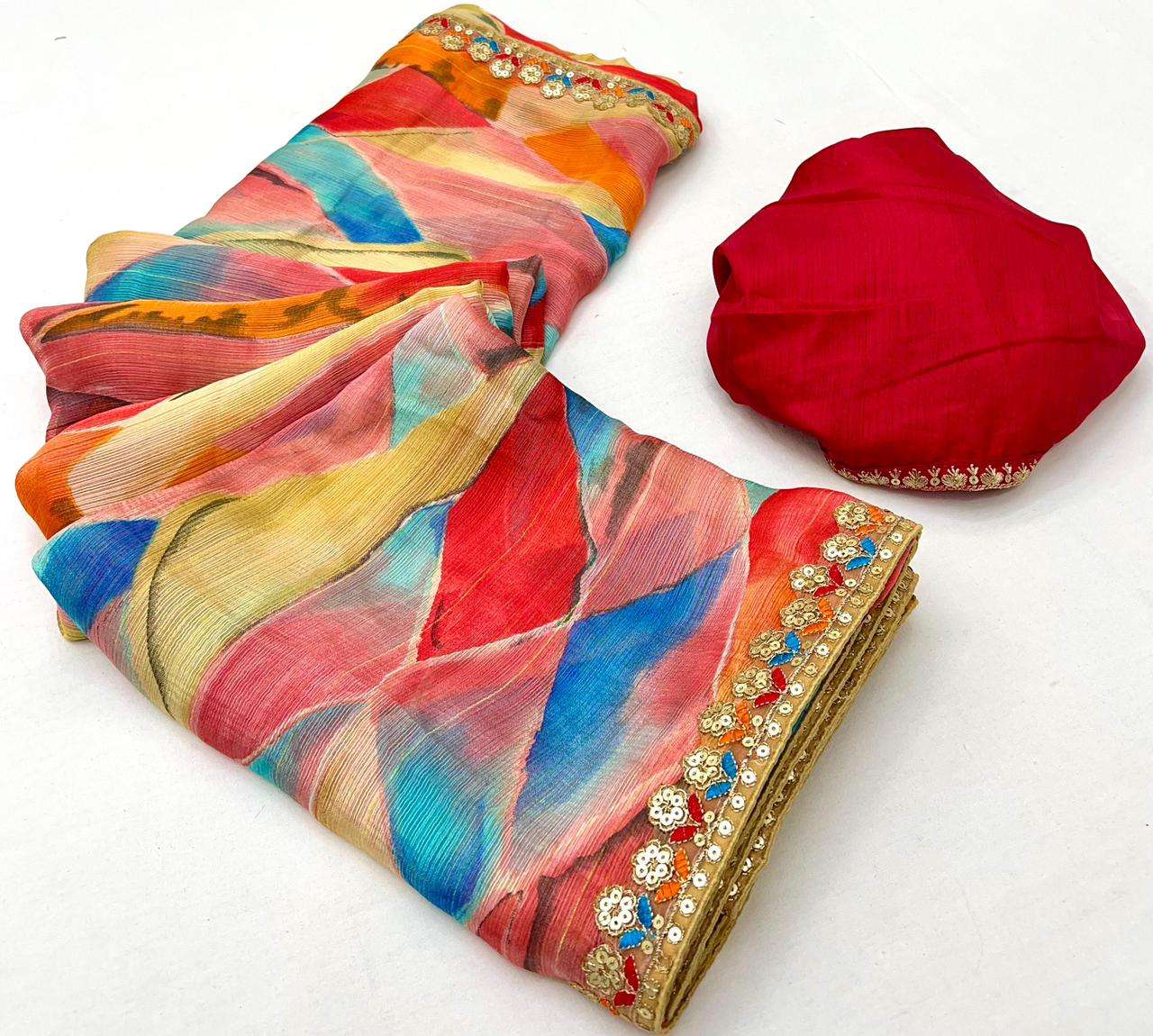 Laheriya & Bandhej Print Chiffon Fabric srees Suppliers